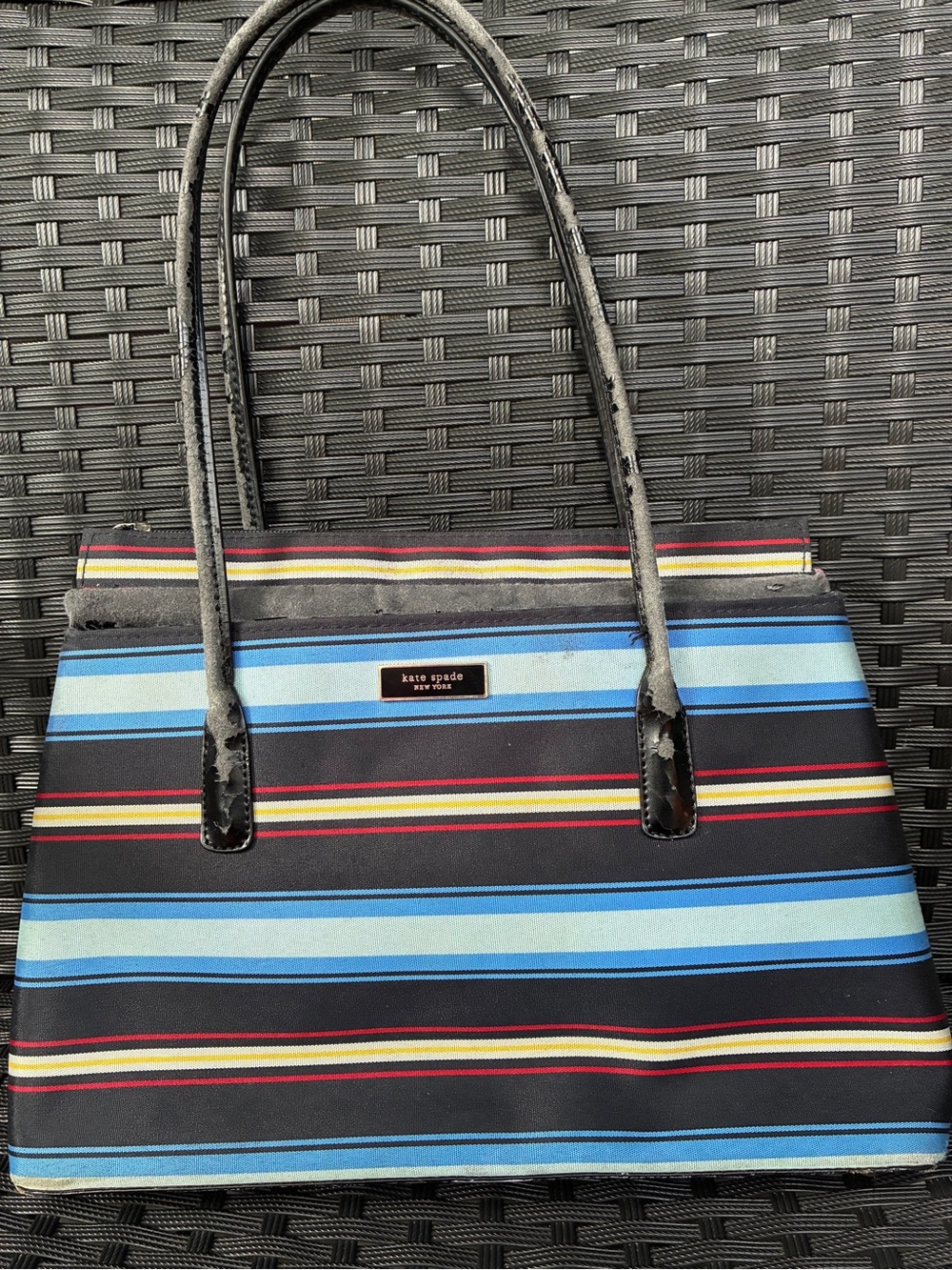 kate spade Multicolor Striped Tote with Black Patent Handles